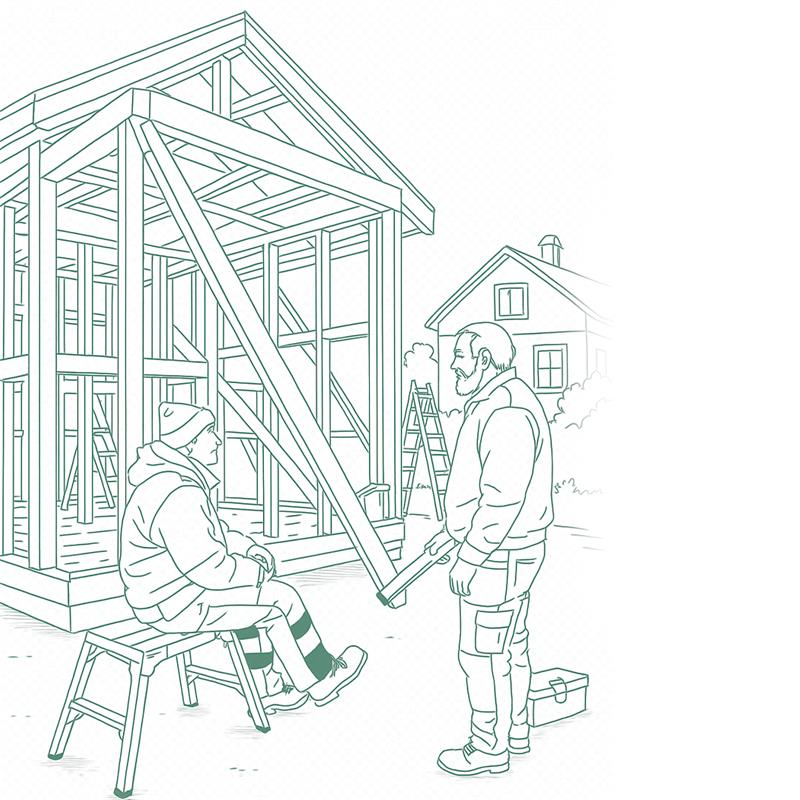 Illustration för rekrytering på Bygga Klart – snickare och lärlingar sökes.